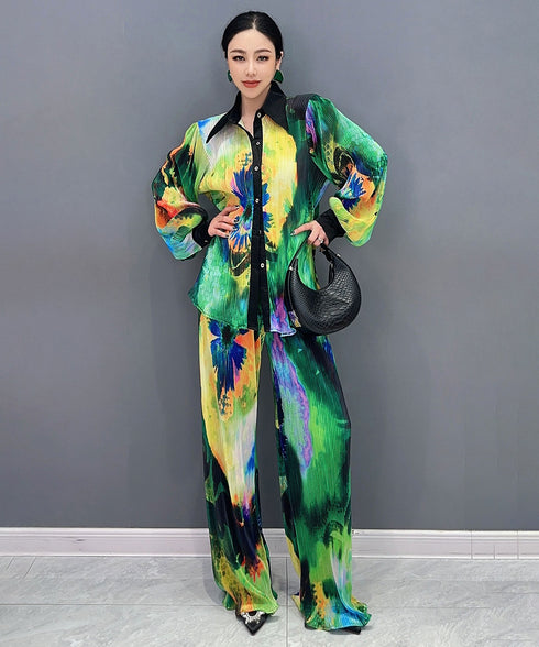 Pleated Blouse & Pants Co-ord
